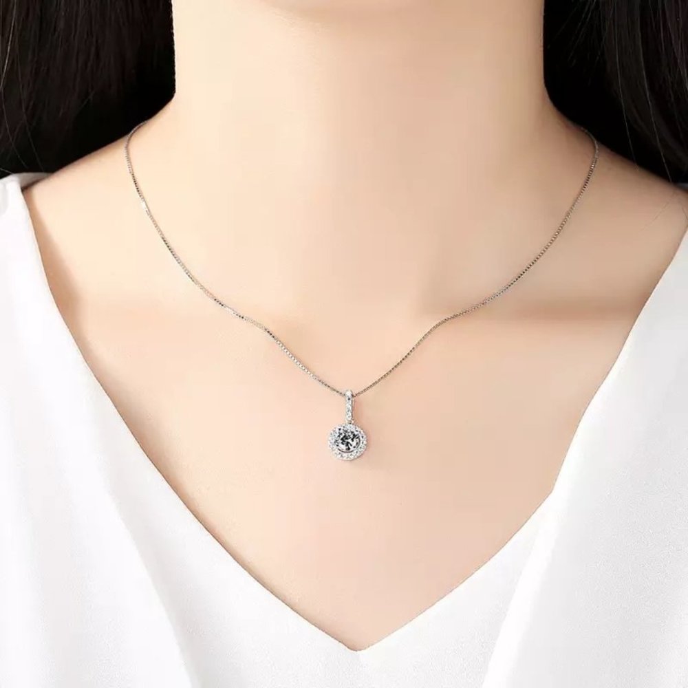 14k Gold 1ct. Sapphire Diamond Halo Necklace Italy Sterling Silver - Picture 5 of 11